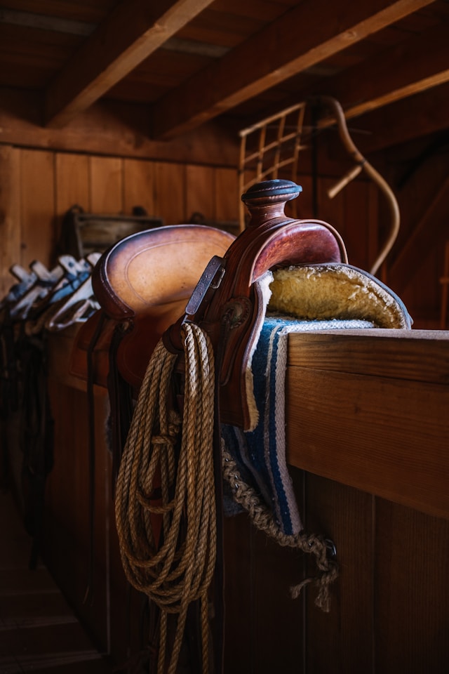 selle en cuir à l'intérieur d'une grange